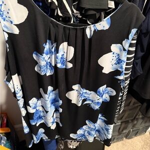 Calvin Klein Black and White Sleeveless Pleated Blouse